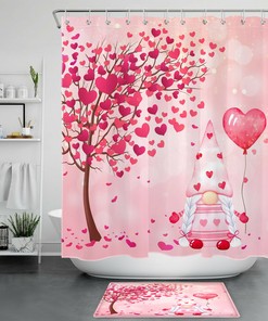 Whimsical Red Heart Tree Elf Balloon Shower Curtain for Valentine's Day