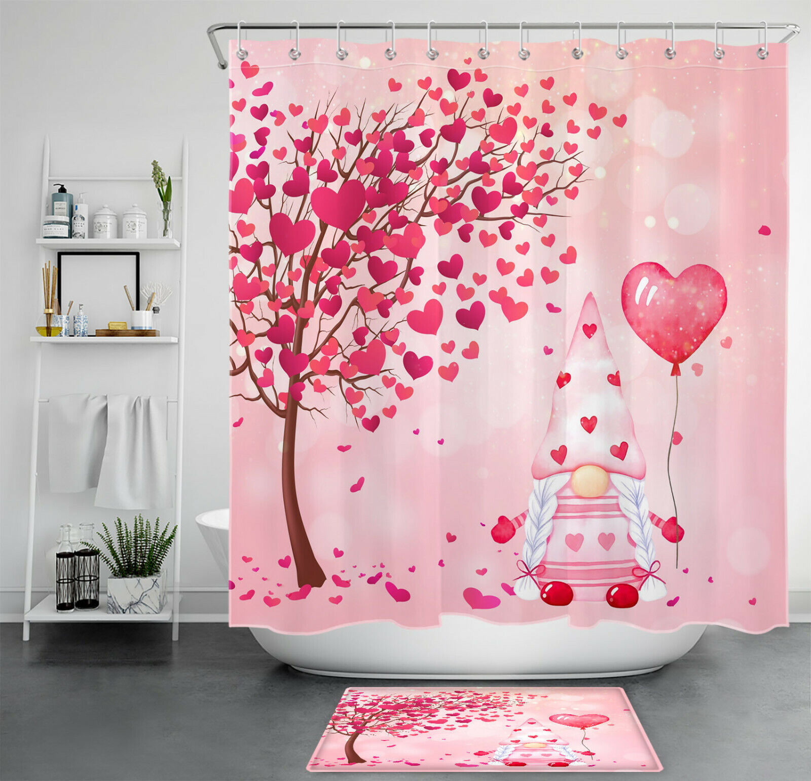 Whimsical Red Heart Tree Elf Balloon Shower Curtain for Valentine's Day