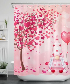 Whimsical Red Heart Tree Elf Balloon Shower Curtain for Valentine's Day