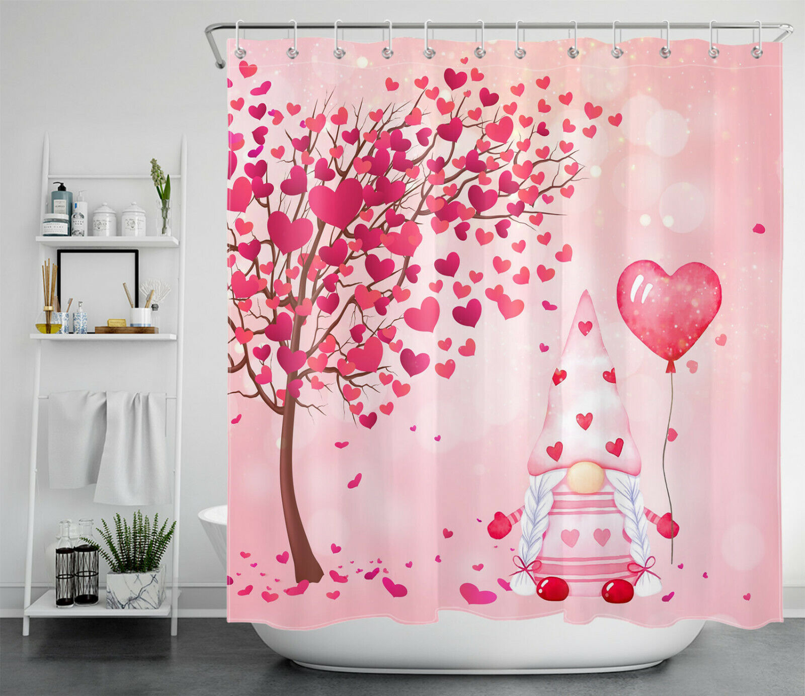 Whimsical Red Heart Tree Elf Balloon Shower Curtain for Valentine's Day