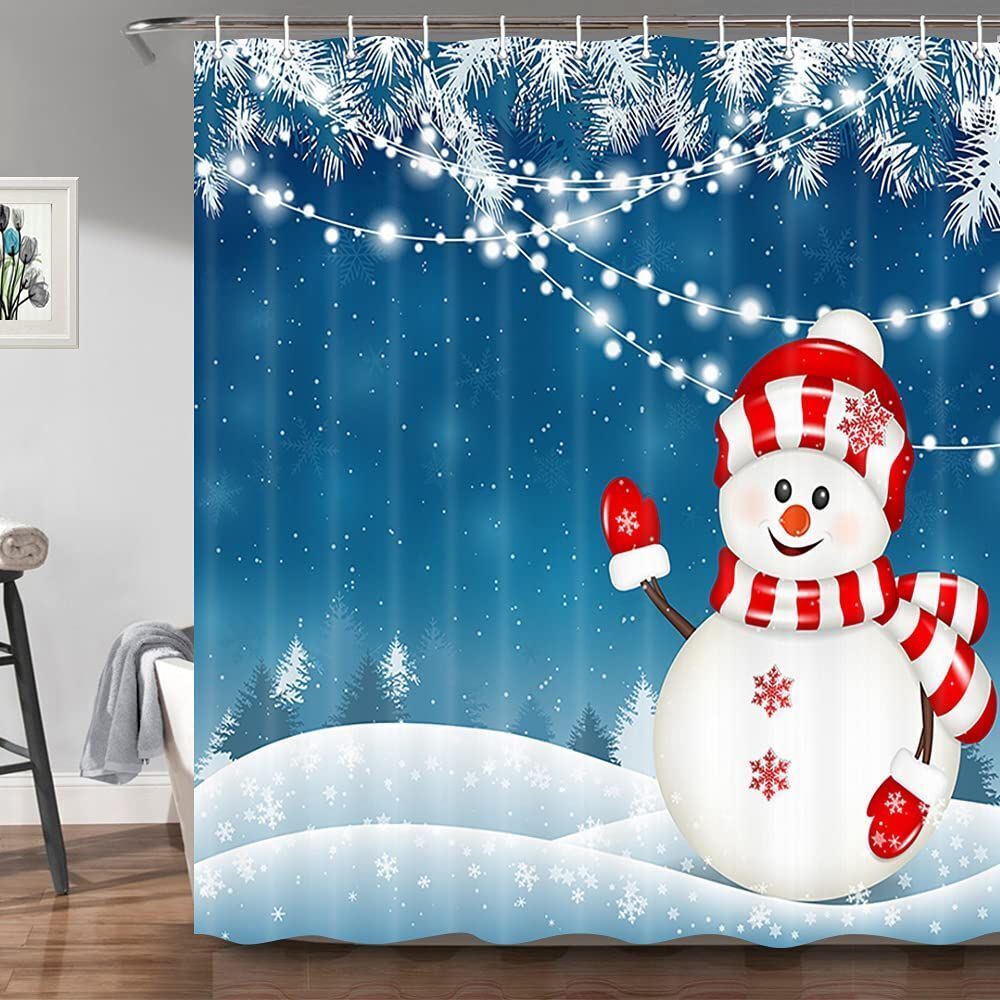 Whimsical Snowman and Snowflakes Print Fabric Shower Curtain Waterproof for Bathroom Decor