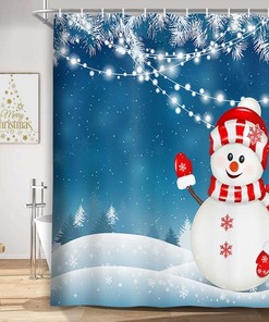 Whimsical Snowman and Snowflakes Print Fabric Shower Curtain Waterproof for Bathroom Decor