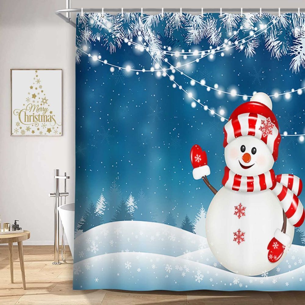 Whimsical Snowman and Snowflakes Print Fabric Shower Curtain Waterproof for Bathroom Decor