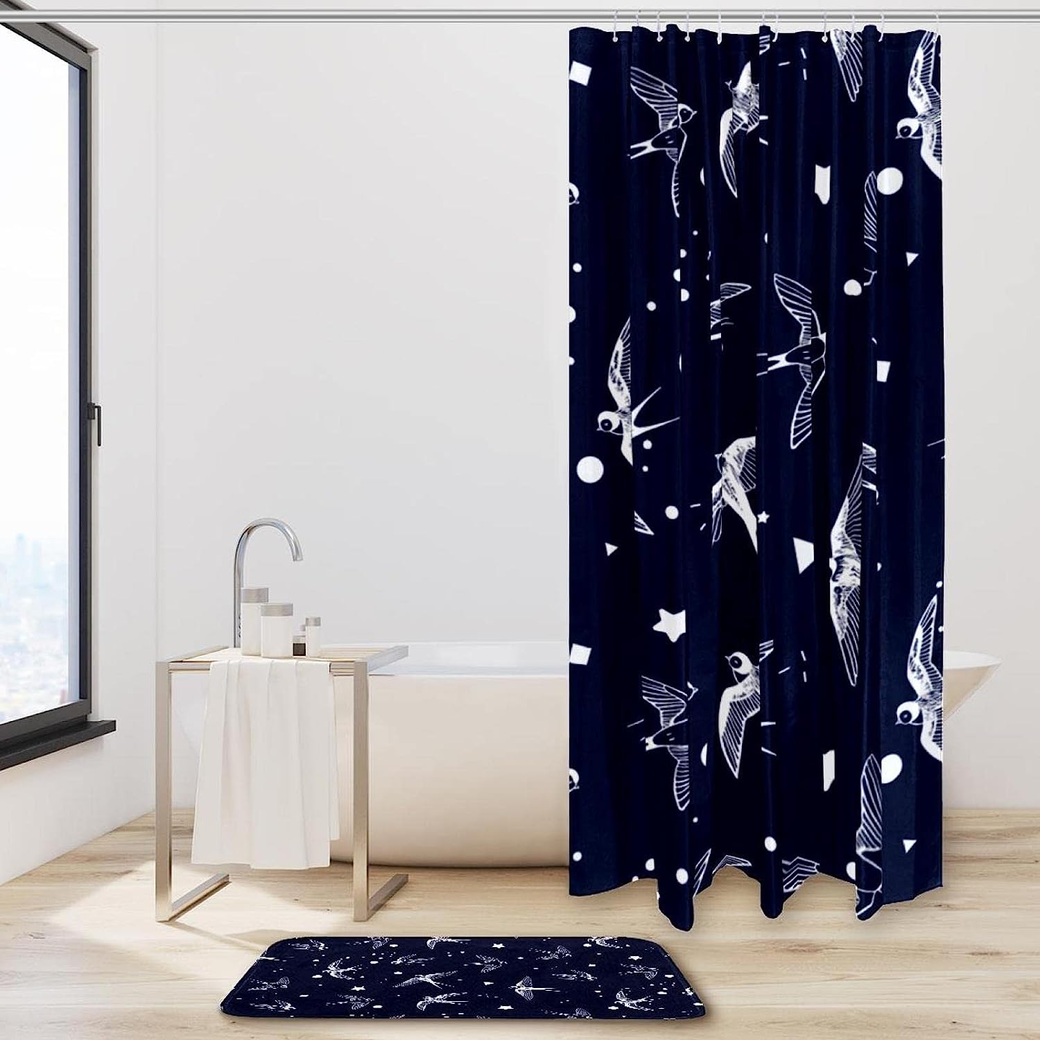 Whimsical Swallow Bird Vector Shower Set With Modern Designs And Bath Accessories - Image 2