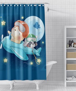 Whimsical Teddy Bear Flying in Jet Blue Shower Curtain for Kids, Maximalist Bath Decor