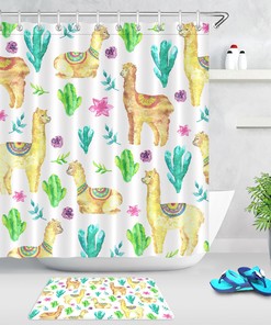Whimsical Watercolor Alpaca Llama and Cactus Floral Shower Curtain