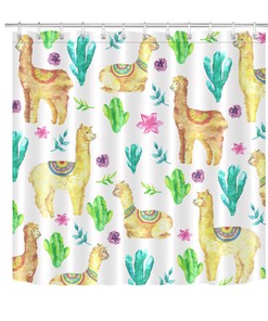 Whimsical Watercolor Alpaca Llama and Cactus Floral Shower Curtain
