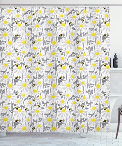 Whimsical Yellow Bees and Chamomile Meadow Print Shower Curtain for Natural Bathroom Decor 