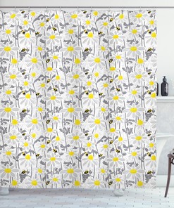 Whimsical Yellow Bees and Chamomile Meadow Print Shower Curtain for Natural Bathroom Decor