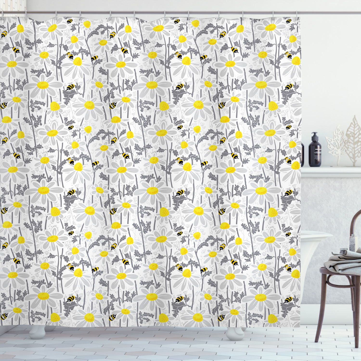 Whimsical Yellow Bees and Chamomile Meadow Print Shower Curtain for Natural Bathroom Decor