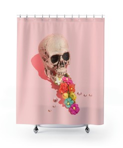 Whimsigoth Decor - Skull Vomiting Colorful Flowers Pink Goth Funky Bathroom Wedding Gift Couple Unique Shower Curtain 