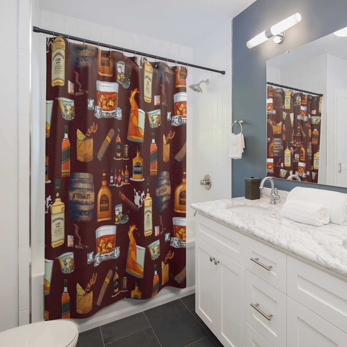 Whiskey Print Shower Curtain - Gift for Whiskey Lovers, Whiskey Pattern Bathroom Decor, Home Decor