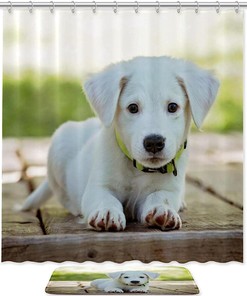 White Adorable Puppy Dog Waterproof Shower Curtain, Charming Bathroom Accessory