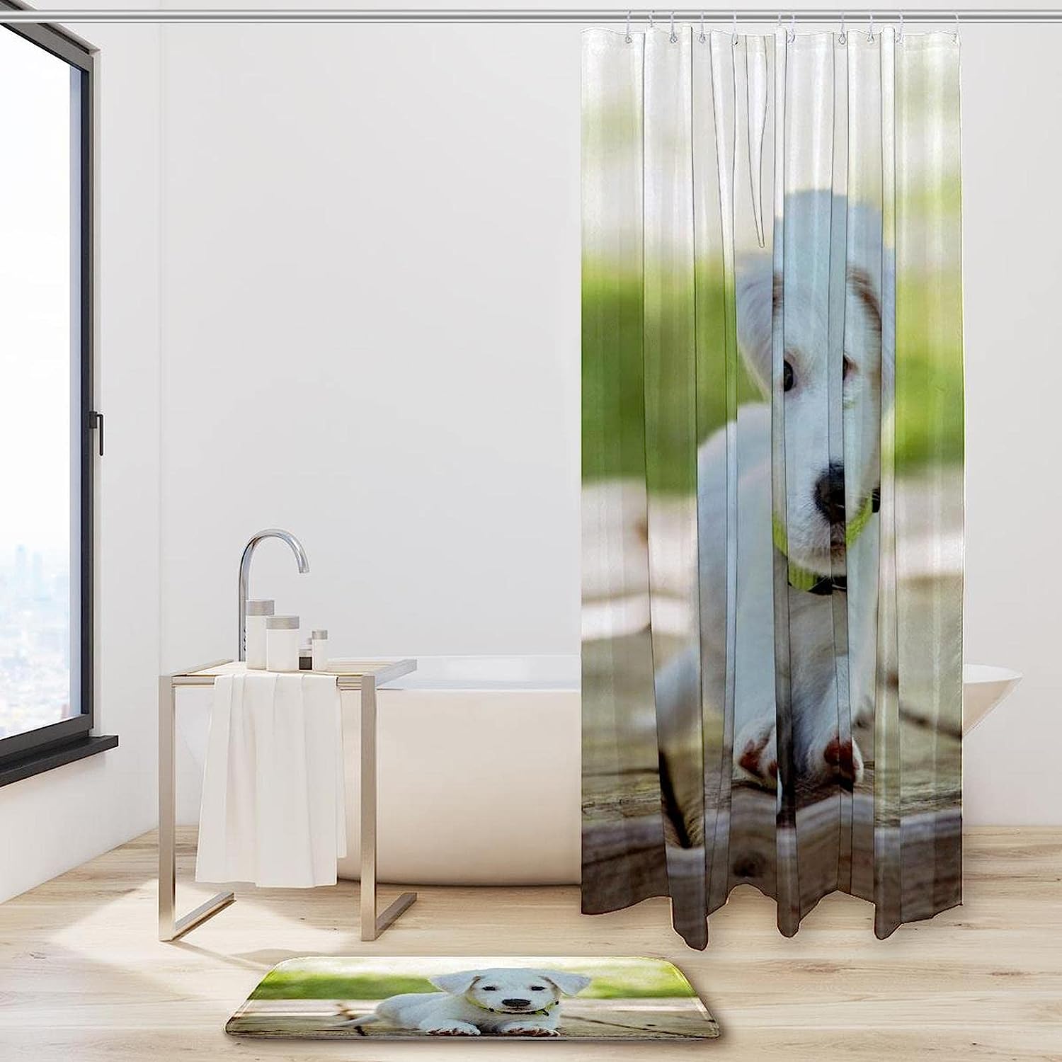 White Adorable Puppy Dog Waterproof Shower Curtain, Charming Bathroom Accessory