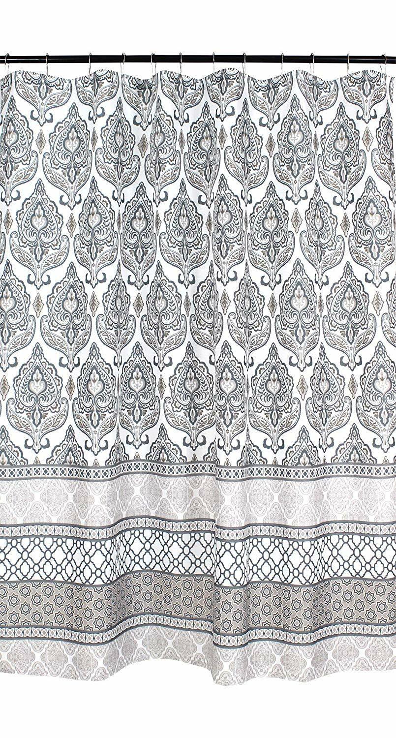 White And Tan Damask Floral Geometric Border Shower Curtain, Brand New