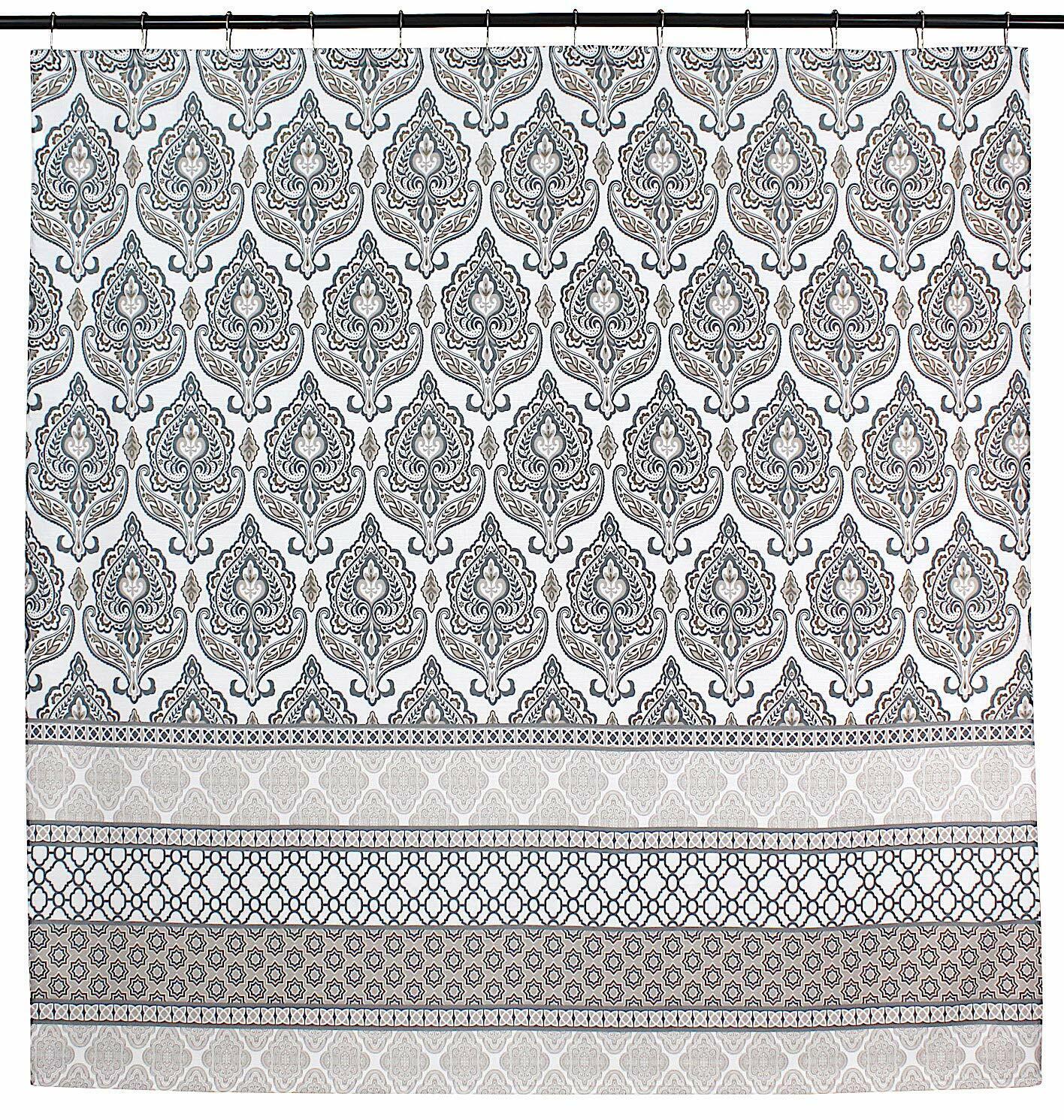 White And Tan Damask Floral Geometric Border Shower Curtain, Brand New - Image 2