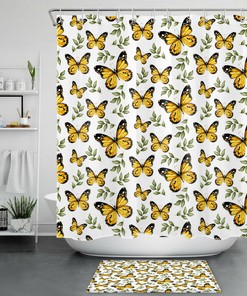 White Background Green Leaves Golden Butterfly Shower Curtain, Perfect For Bathroom Accessory