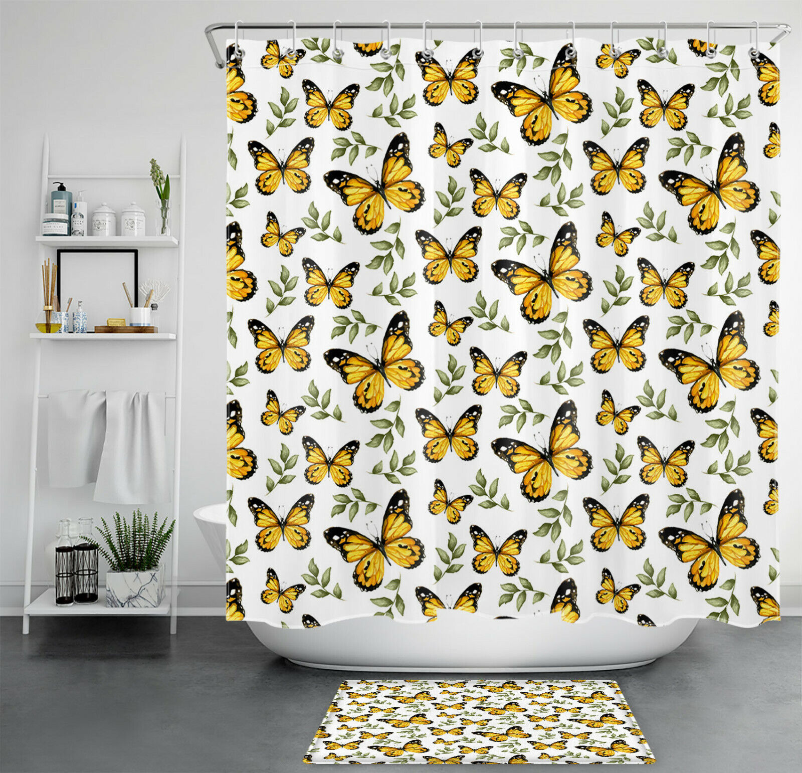 White Background Green Leaves Golden Butterfly Shower Curtain, Perfect For Bathroom Accessory