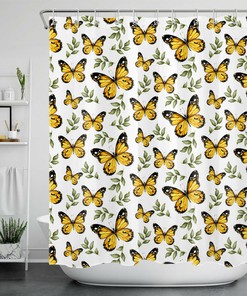 White Background Green Leaves Golden Butterfly Shower Curtain, Perfect For Bathroom Accessory