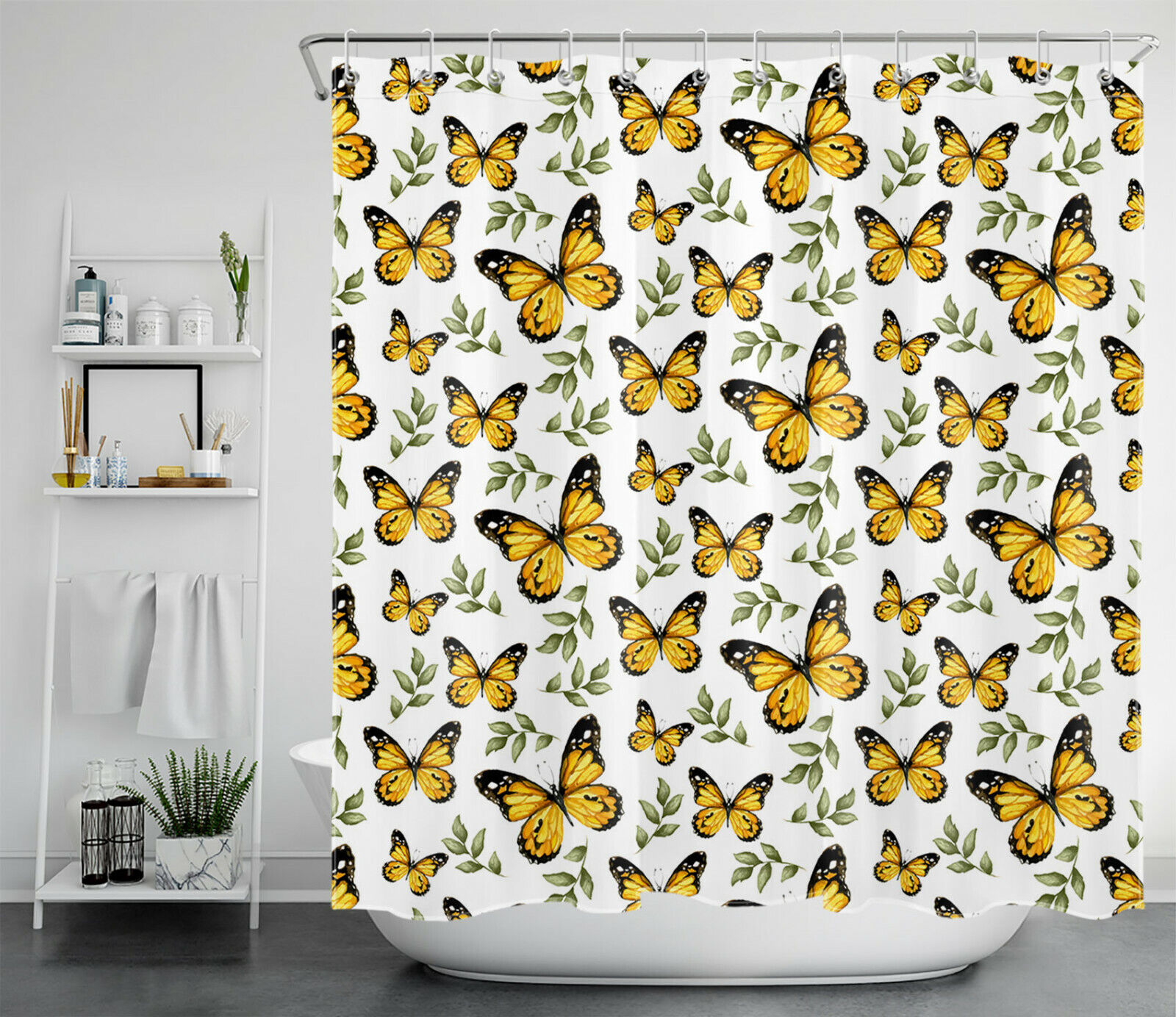 White Background Green Leaves Golden Butterfly Shower Curtain, Perfect For Bathroom Accessory