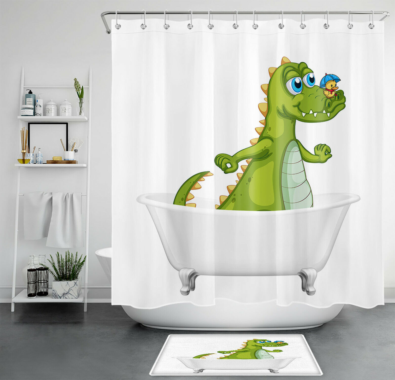 White Bathtub Dinosaur Shower Curtain - A Fun Addition To Your Kids' Bathroom
