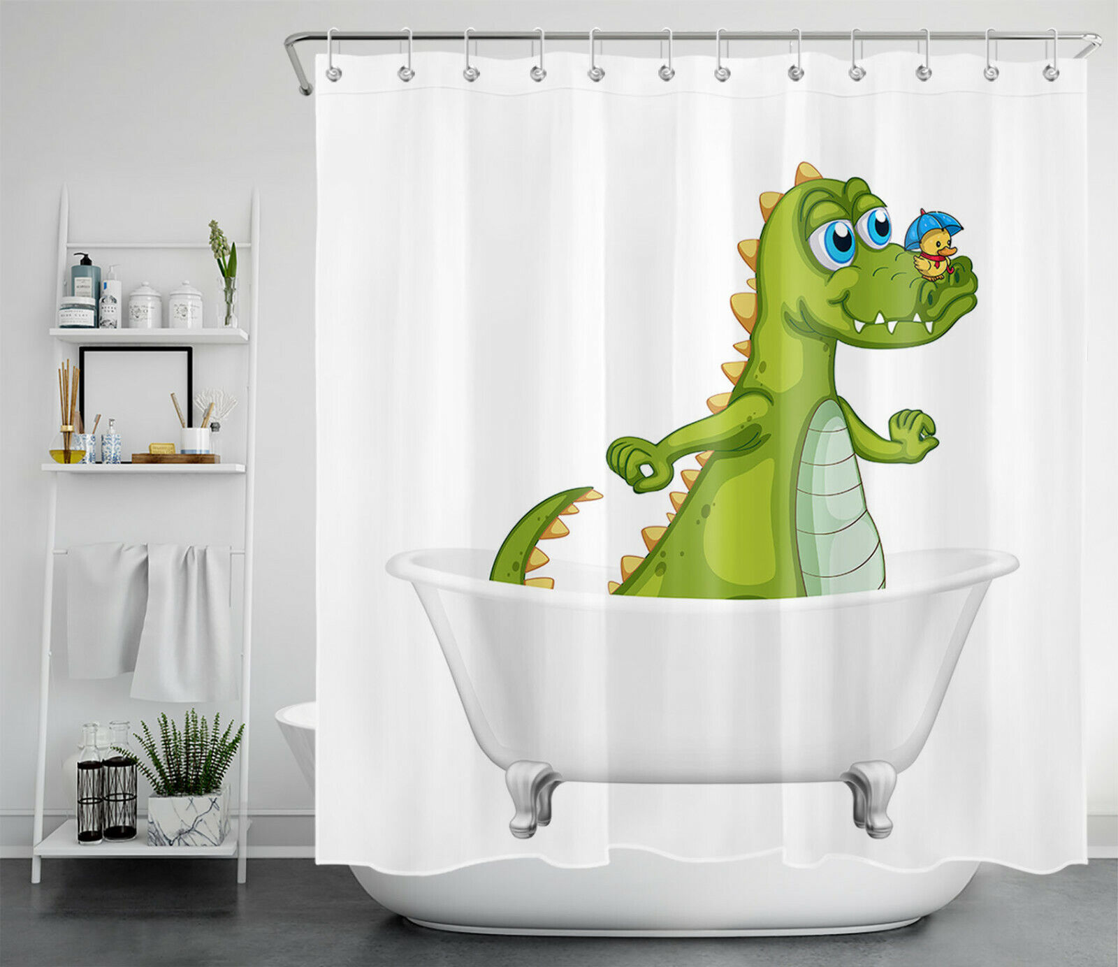 White Bathtub Dinosaur Shower Curtain - A Fun Addition To Your Kids' Bathroom
