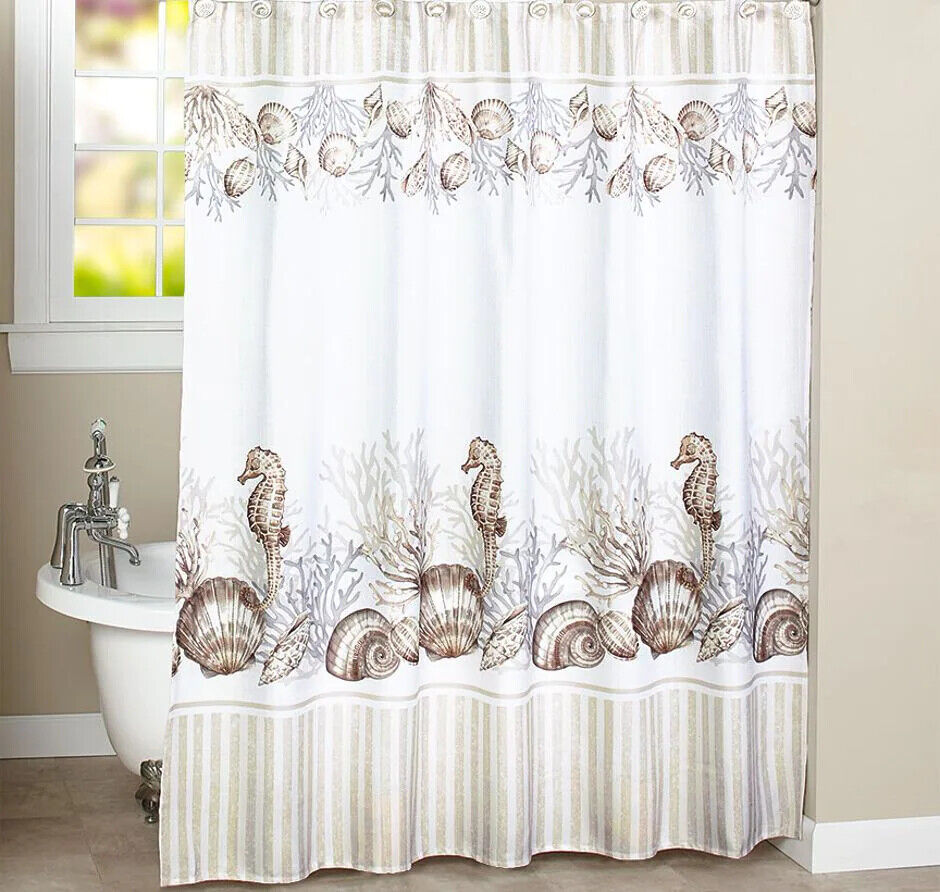 White Beige Avanti Shower Curtain - Destin Shower Curtain Seahorse Shells