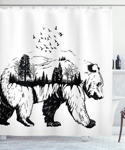 White Black Forest Trees And Flying Birds Concept Artwork Hand Drawn Bear Double Exposure Shower Curtain