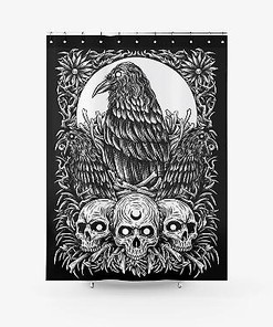 White Black Gothic Raven Skull Fabric Shower Curtain - Gothic Bathroom Decor  
