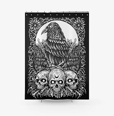 White Black Gothic Raven Skull Fabric Shower Curtain - Gothic Bathroom Decor