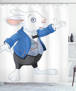 White Blue Black Alice Themed White Rabbit Fictional Fantasy Shower Curtain