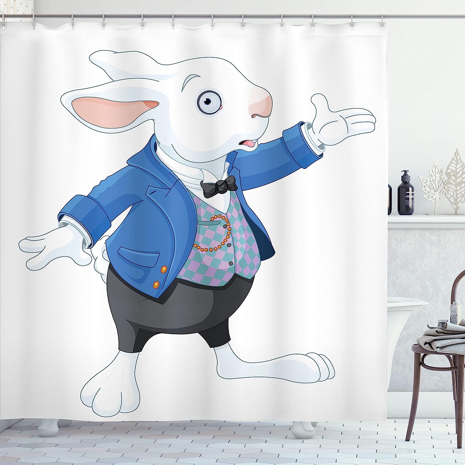 White Blue Black Alice Themed White Rabbit Fictional Fantasy Shower Curtain