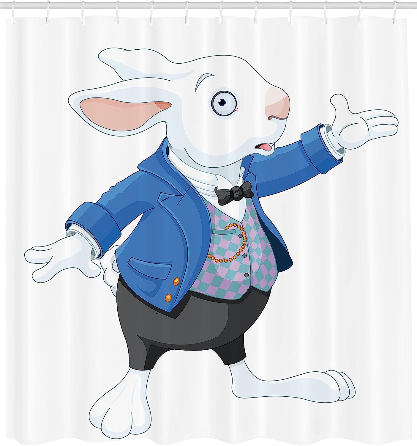 White Blue Black Alice Themed White Rabbit Fictional Fantasy Shower Curtain - Image 2