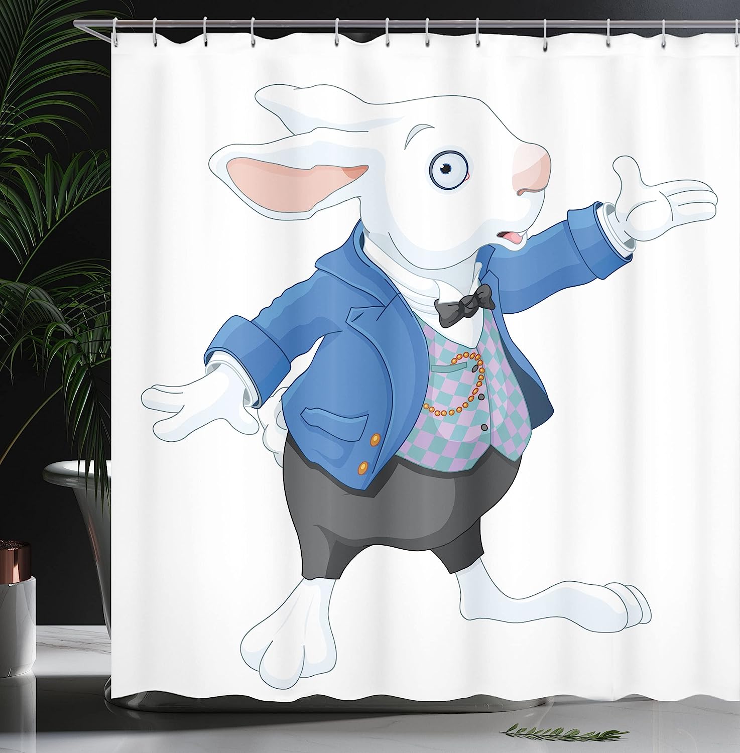 White Blue Black Alice Themed White Rabbit Fictional Fantasy Shower Curtain - Image 3