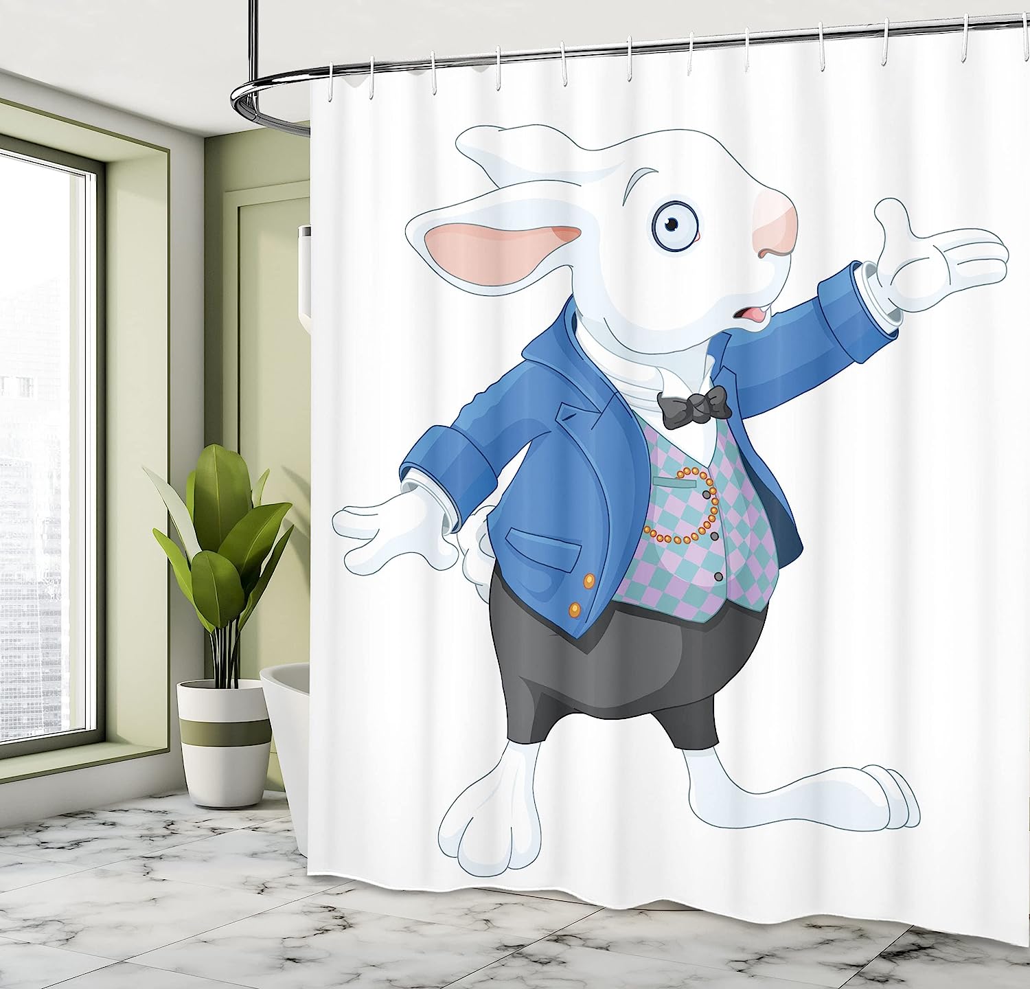 White Blue Black Alice Themed White Rabbit Fictional Fantasy Shower Curtain - Image 4