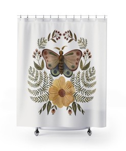 White Boho Shower Curtain with Moth and Plant Print for Nature Inspired Bathroom Decor