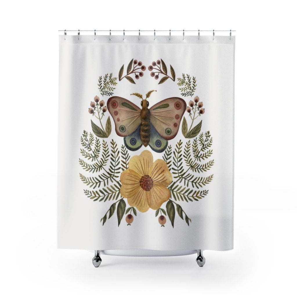 White Boho Shower Curtain with Moth and Plant Print for Nature Inspired Bathroom Decor