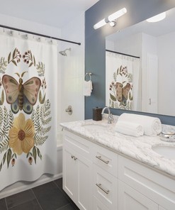 White Boho Shower Curtain with Moth and Plant Print for Nature Inspired Bathroom Decor