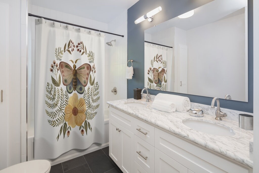 White Boho Shower Curtain with Moth and Plant Print for Nature Inspired Bathroom Decor