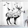 White Charcoal Grey Bird Shower Curtain, Mountain And Cottage Scene In Hand Drawn Birds