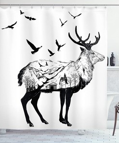 White Charcoal Grey Bird Shower Curtain, Mountain And Cottage Scene In Hand Drawn Birds