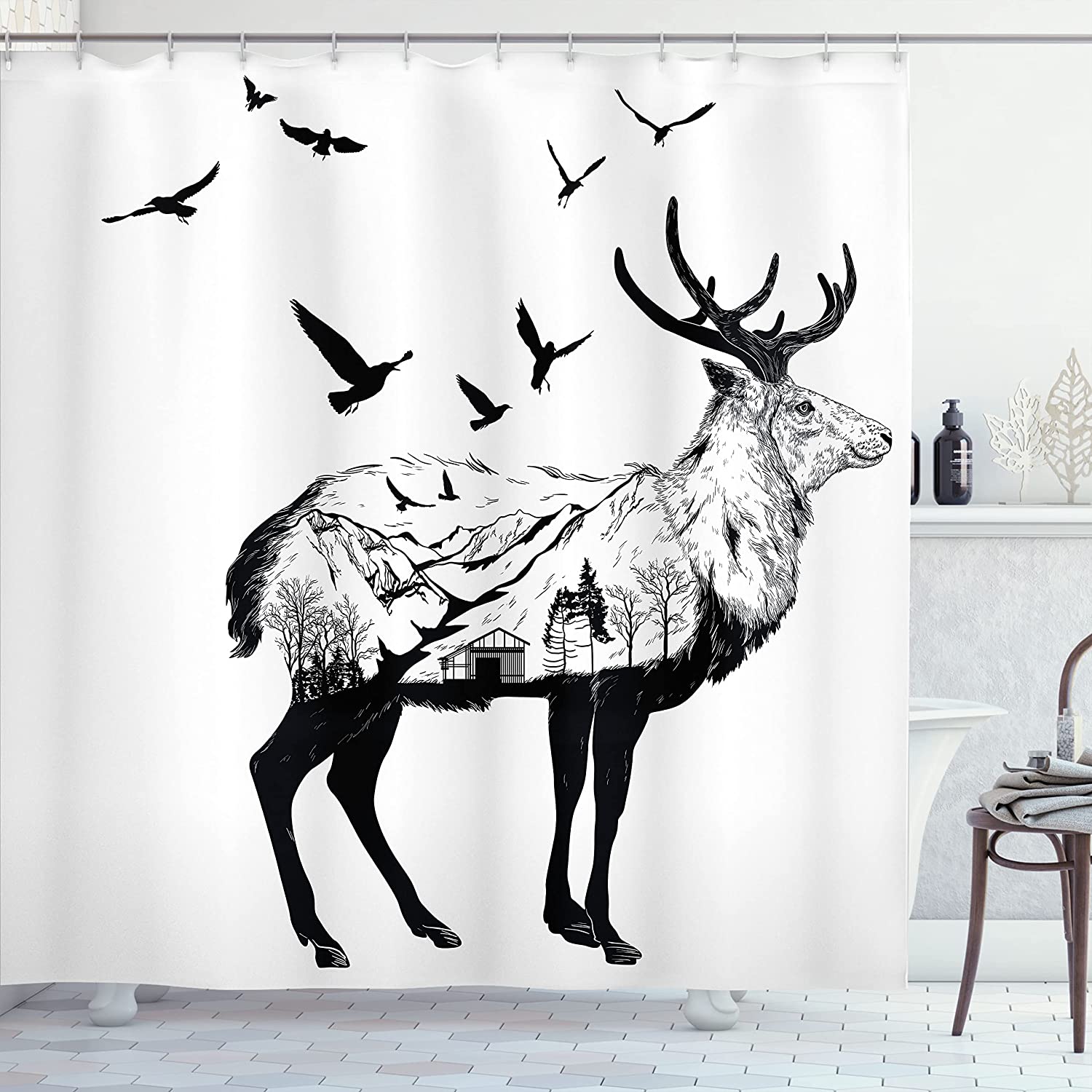 White Charcoal Grey Bird Shower Curtain, Mountain And Cottage Scene In Hand Drawn Birds