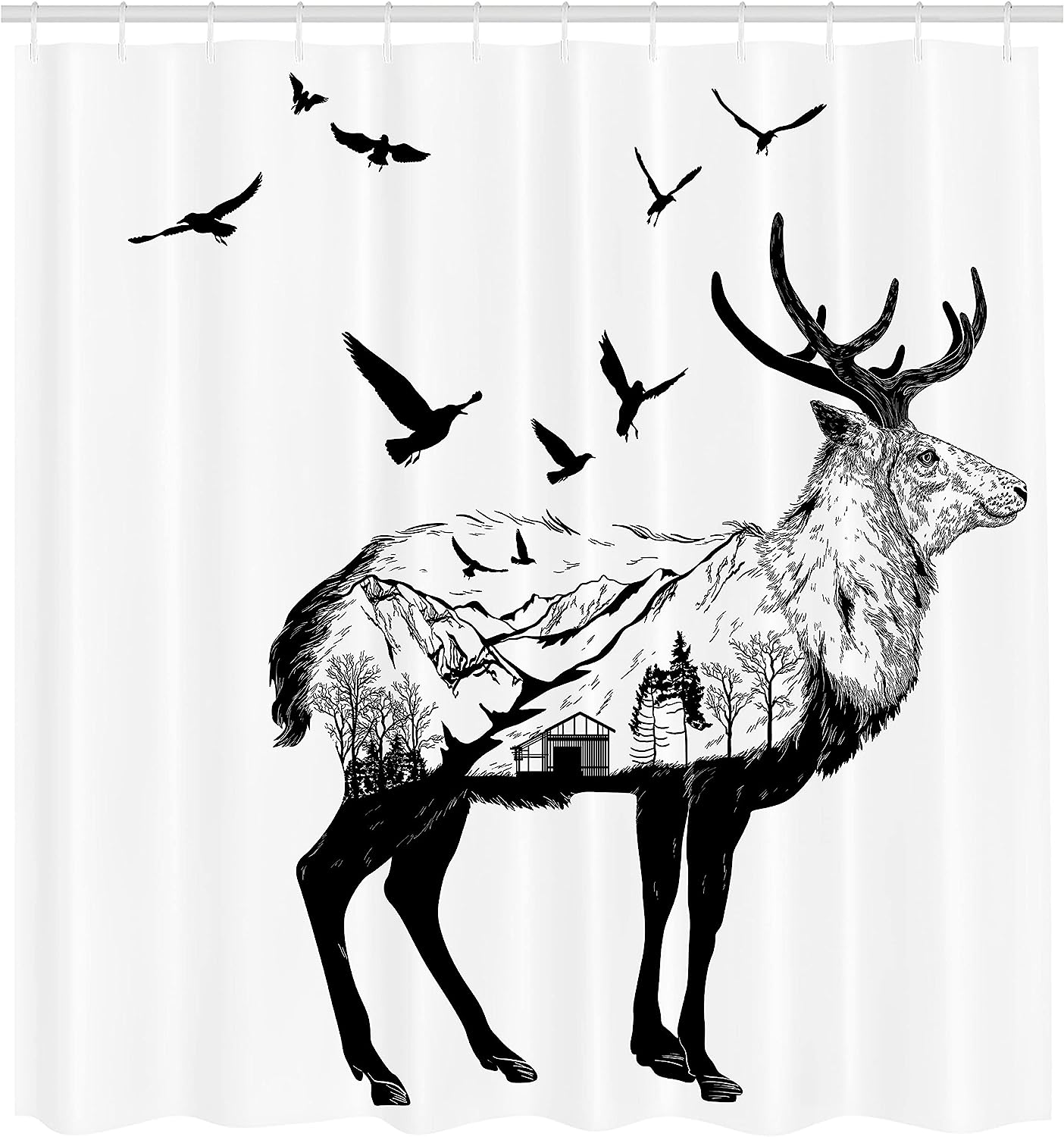 White Charcoal Grey Bird Shower Curtain, Mountain And Cottage Scene In Hand Drawn Birds - Image 2