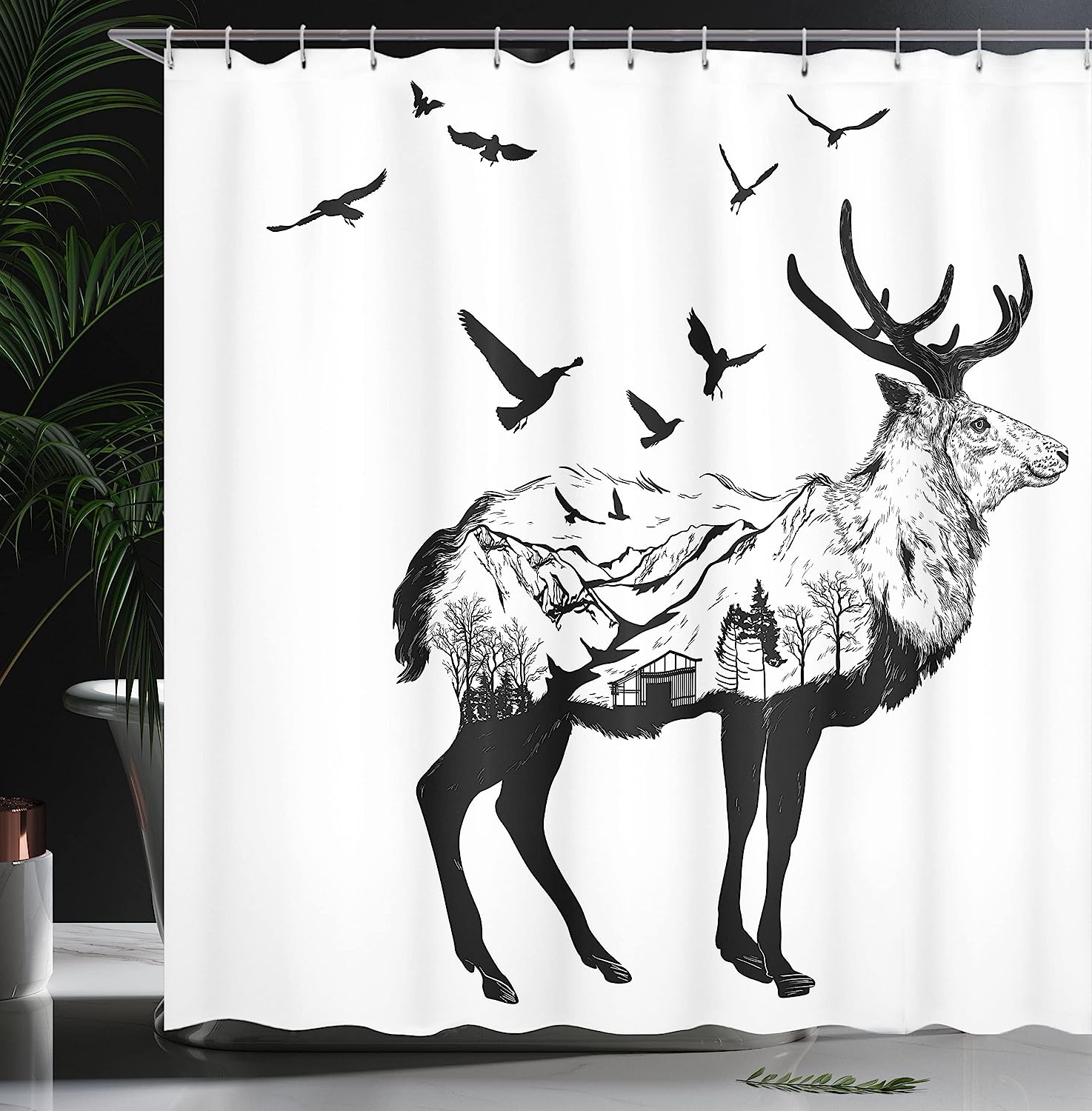 White Charcoal Grey Bird Shower Curtain, Mountain And Cottage Scene In Hand Drawn Birds - Image 3
