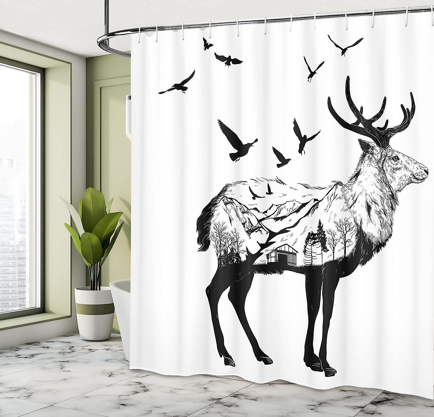White Charcoal Grey Bird Shower Curtain, Mountain And Cottage Scene In Hand Drawn Birds - Image 4