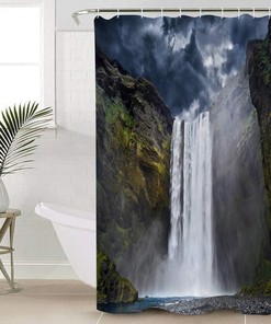 White Cliff Waterfall Black Mysterious Sky Clouds Shower Curtain for Bathroom Decor