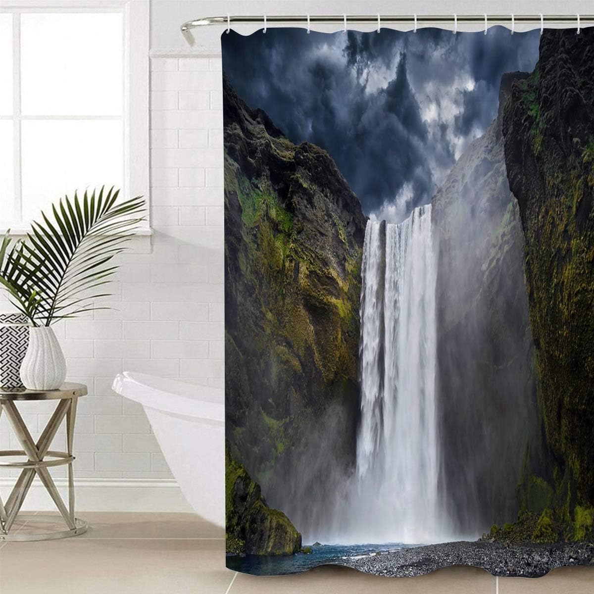 White Cliff Waterfall Black Mysterious Sky Clouds Shower Curtain for Bathroom Decor