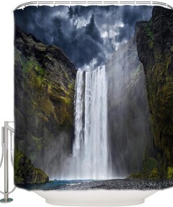 White Cliff Waterfall Black Mysterious Sky Clouds Shower Curtain for Bathroom Decor