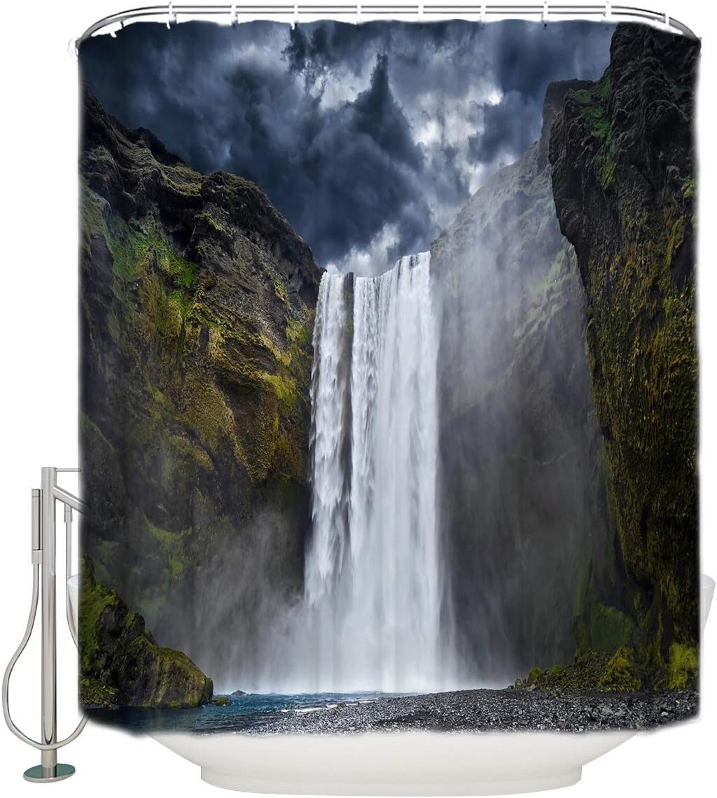 White Cliff Waterfall Black Mysterious Sky Clouds Shower Curtain for Bathroom Decor