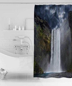 White Cliff Waterfall Black Mysterious Sky Clouds Shower Curtain for Bathroom Decor